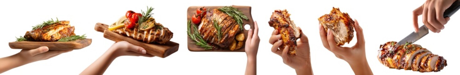 Set of hand holding grilled roasted turkey chicken thigh breast meat, wooden serving board, knife slice torn, isolated transparent cutout PNG. Many different style. Mockup for design