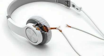 Damaged headphones broken wires and electrical components on white background
