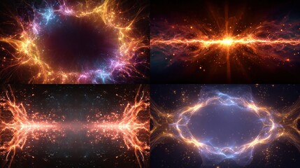 Four abstract cosmic energy phenomena with vibrant orange, blue, and purple light patterns.