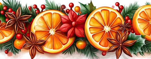 Hand-Drawn Sketch of Orange Slices with Star Anise