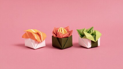 Paper origami models on pink background