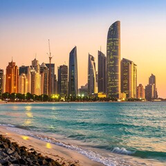 Fototapeta premium City skyline at sunset over the beach