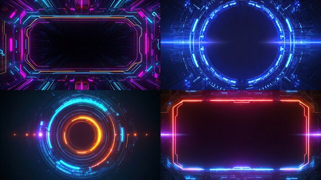 Tech frames glow neon. Circular and rectangular shapes. Dark backgrounds. Futuristic feel