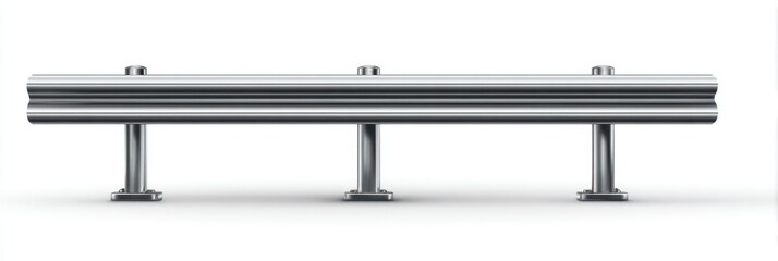 Modern metallic guardrail with reflective and supporting posts on a plain