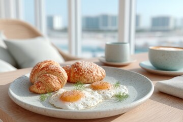 Luxury Breakfast Displayed On Wooden Table With Fried Eggs Croissants Coffee Cup And Window View