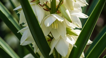 Obraz premium Close up of blooming white yucca flowers with green foliage