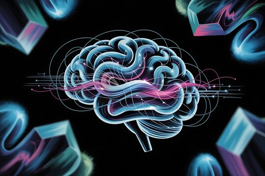 Stylized human brain with glowing blue and pink energy waves and digital connections against a dark background with abstract shapes - Powered by Adobe