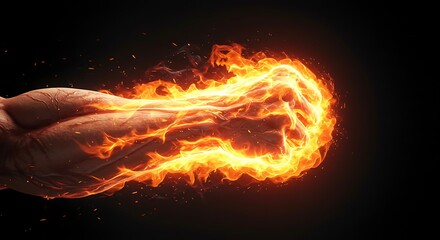 Fiery fist illustration dynamic burning hand on black background
