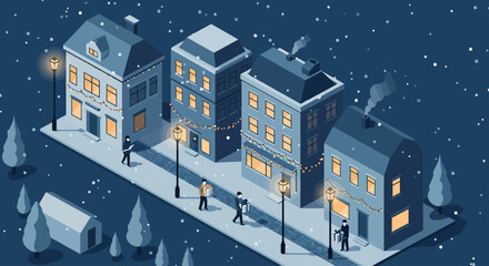 A tranquil flat design cityscape on Christmas Eve, showcasing modern buildings subtly decorated with festive lights under a gentle snowfall. 