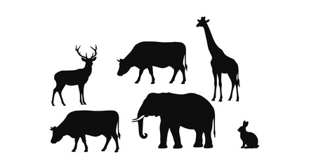 A black vector illustration of a collection of wildlife giraffe silhouettes and other animal silhouettes like deer, horse, wolf, elephant, and cat from nature