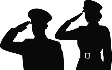 Silhouette of male and female military officers saluting, standing in respect and honor, perfect for army, war, veteran, and memorial day design