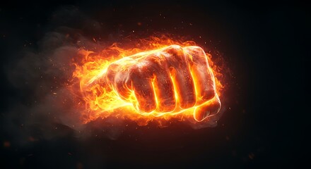 Fiery fist illustration powerful concept of force and energy against black backdrop