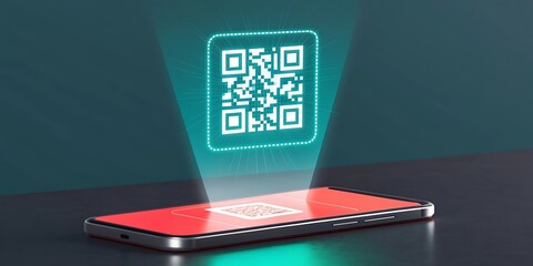 Smartphone projecting a glowing neon blue qr code hologram above its screen on a dark surface.