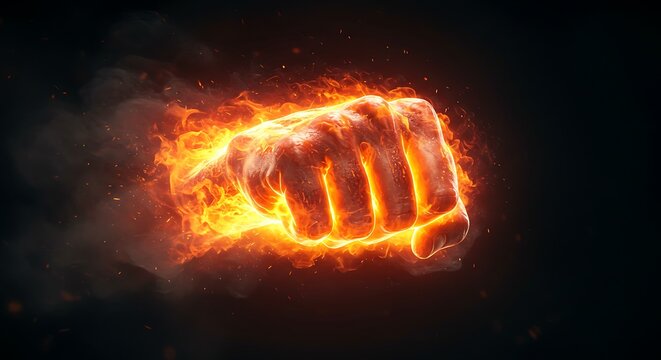 Fiery fist illustration powerful concept of force and energy against black backdrop