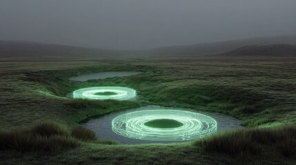 Mystical glowing circular formations in a dark, foggy landscape with rolling hills