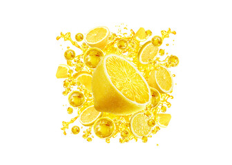 vitamin c concept, lemon splashing, lemon serum oil