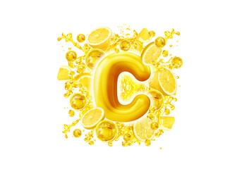 vitamin c concept, lemon splashing, lemon serum oil