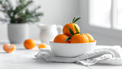 Fresh clementines served in a white ceramic bowl, photographed in bright minimalist winter style