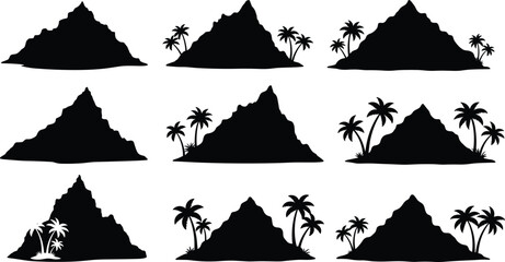 Tropical mountain silhouettes with palm trees, island nature vector set, black jagged peaks, exotic landscape design elements, paradise illustration pack