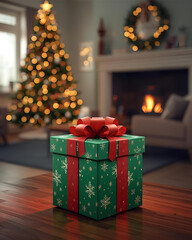 christmas gift box, red ribbon gift, festive decorations, holiday present, christmas ornaments, red baubles, twinkling lights, christmas background, christmas celebration, christmas packaging, holiday