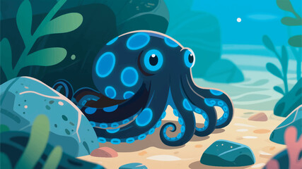 Illustration Of A Blue Ringed Octopus Hiding Among Shallow Tropical Coral Rocks Vector Design Template