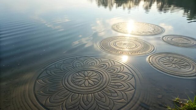 Illustration of sunlight dances on intricate stone carvings submerged in a serene lake, creating mesmerizing ripples and reflections in the tranquil water, a peaceful scene4k hd video download