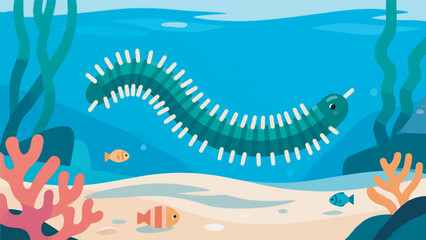 Illustration Of Polychaeta Sea Worms Swimming In Shallow Sea Sand With Small Fish Vector Design Template