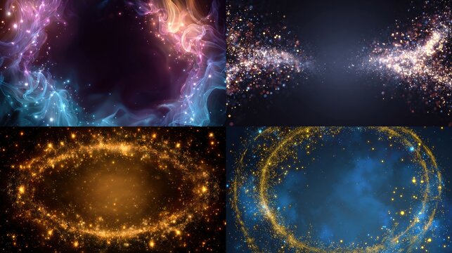 Four cosmic background images showcasing nebulae, stardust trails, and golden particle rings.
