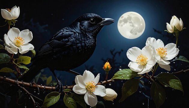 A glossy blackbird perched on a dewy branch with white jasmine flowers under a luminous full moon.