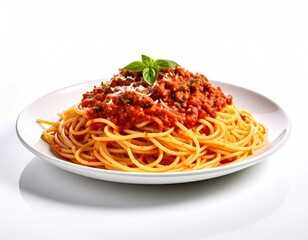Delicious Spaghetti Bolognese with Fresh Basil on White Plate.