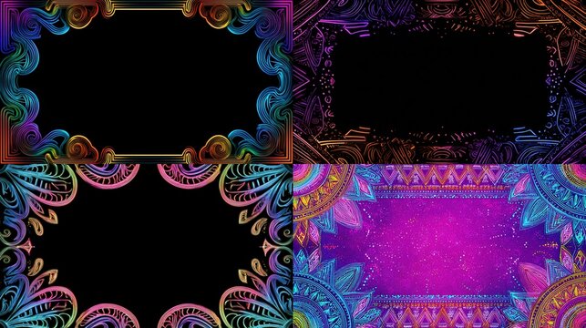 Ornate, abstract frames in vibrant colors, each has unique patterned decorations