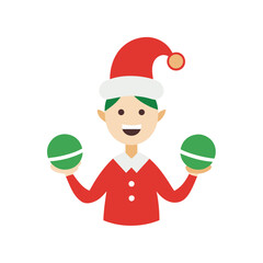 Joyful elf holding green christmas ornaments
