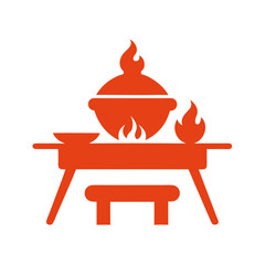 Hot pot cooking station with flames and bench