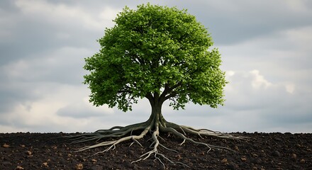 Healthy tree with visible roots against a cloudy sky background
