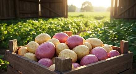 Fresh potatoes in wooden crate agriculture harvest sunlight