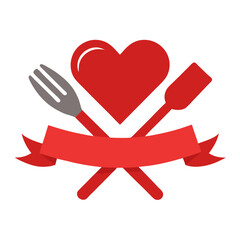 Heart and utensils with red ribbon emblem