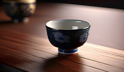 Blue and White Sake Cup on a Wooden Table