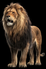 Obraz premium Majestic lion standing proudly against a black background, showcasing its powerful presence