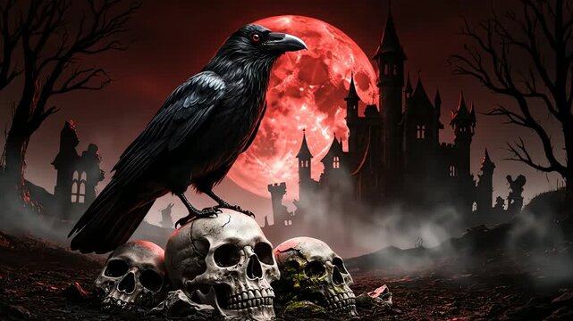 A black raven perches ominously atop a pile of weathered skulls in front of a blood-red moon with a stylized castle silhouette and fog, embodying a digital tree symbolizes gothic theme in a dark and