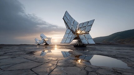 AI-controlled orbital solar reflectors redirecting sunlight for climate balancing and energy collection using real-time environmental modeling and autonomous attitude adjustment.