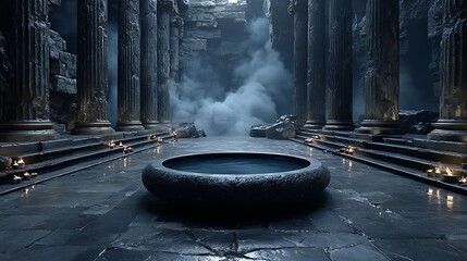 Ancient stone temple interior with columns pool candles and atmospheric fog in a dark setting
