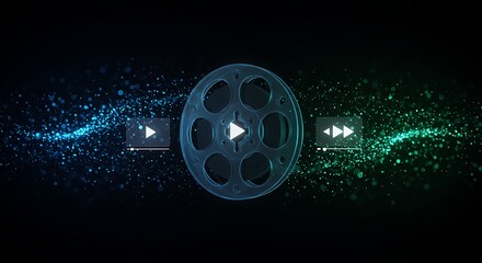 Film reel with glowing particle effects against dark background