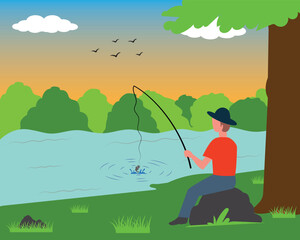 Fisherman sit on stone and fishing on the river with fishing hook. Fishiing background template with sunset. Sunset or sunrise background template, poster, banner. fisherman sit beside tree.