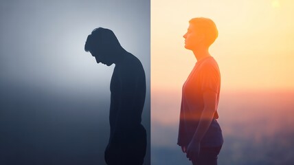 Silhouette of a sad man in shadow contrasted with a happy woman in sunlight, representing emotional change