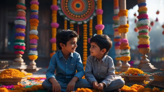 Celebrating the Sacred Bond Two Young Brothers on Bhai Dooj with Traditional Decorations and Vibrant Colors
