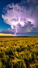 Dramatic lightning storm over wheat field