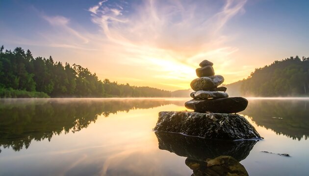 Serene sunrise over calm lake, misty fog, rocks stacked in center