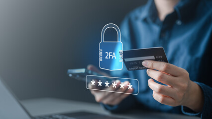 Hands holding credit card and smartphone with 2FA security lock icon, representing online banking protection, secure checkout, fraud prevention, OTP verification, and safe digital payments.