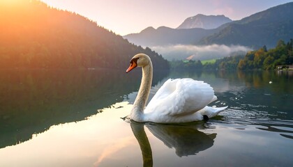 Serene swan glides on calm lake at sunrise, majestic mountains in background