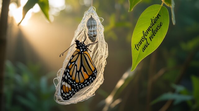 Monarch butterfly emerging from its chrysalis in the soft morning sunlight, symbolizing transformation and new beginnings